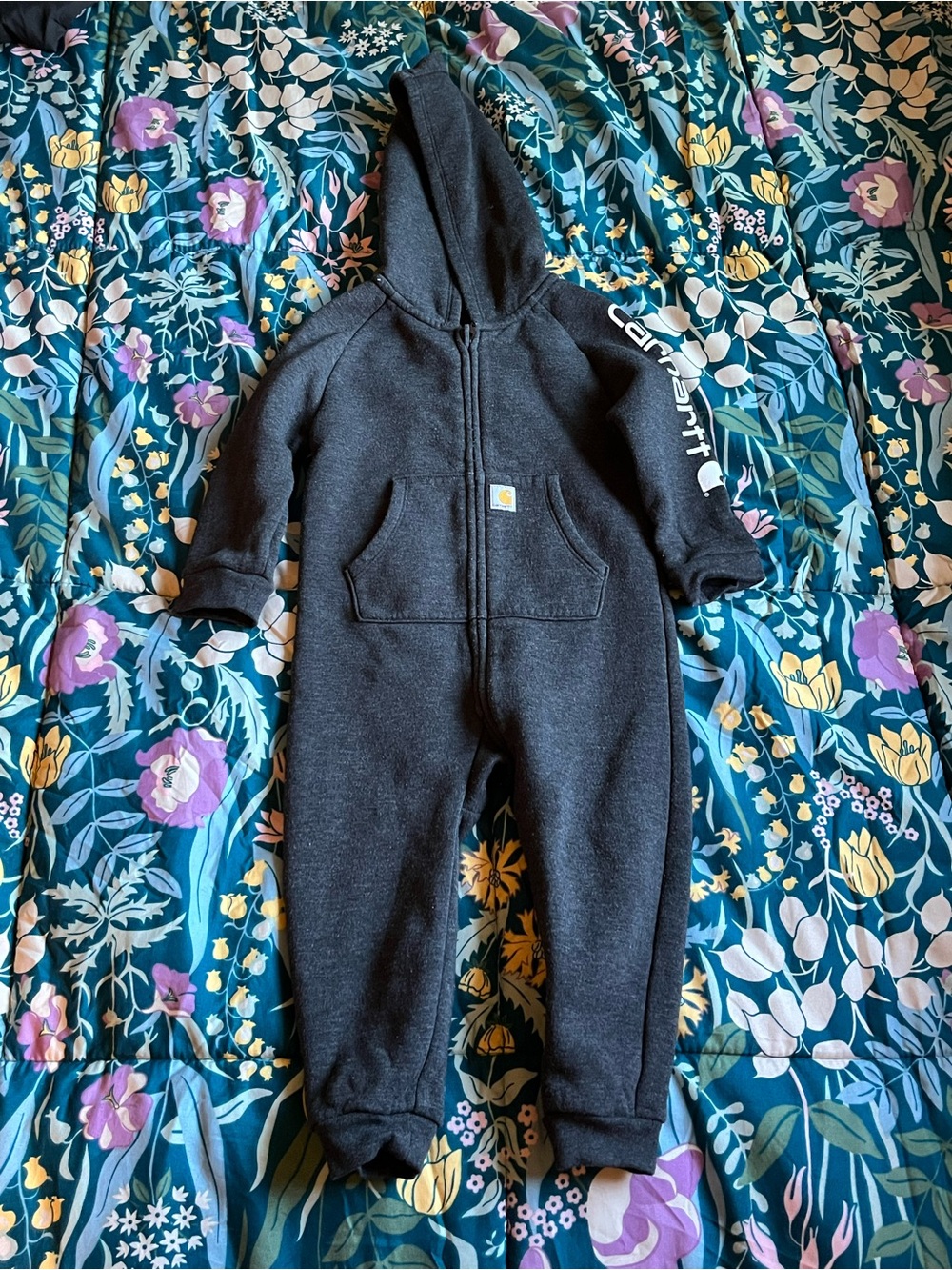Carhartt Kids Black Hooded One-Piece Coverall with Logo Sleeve Size 18 Months